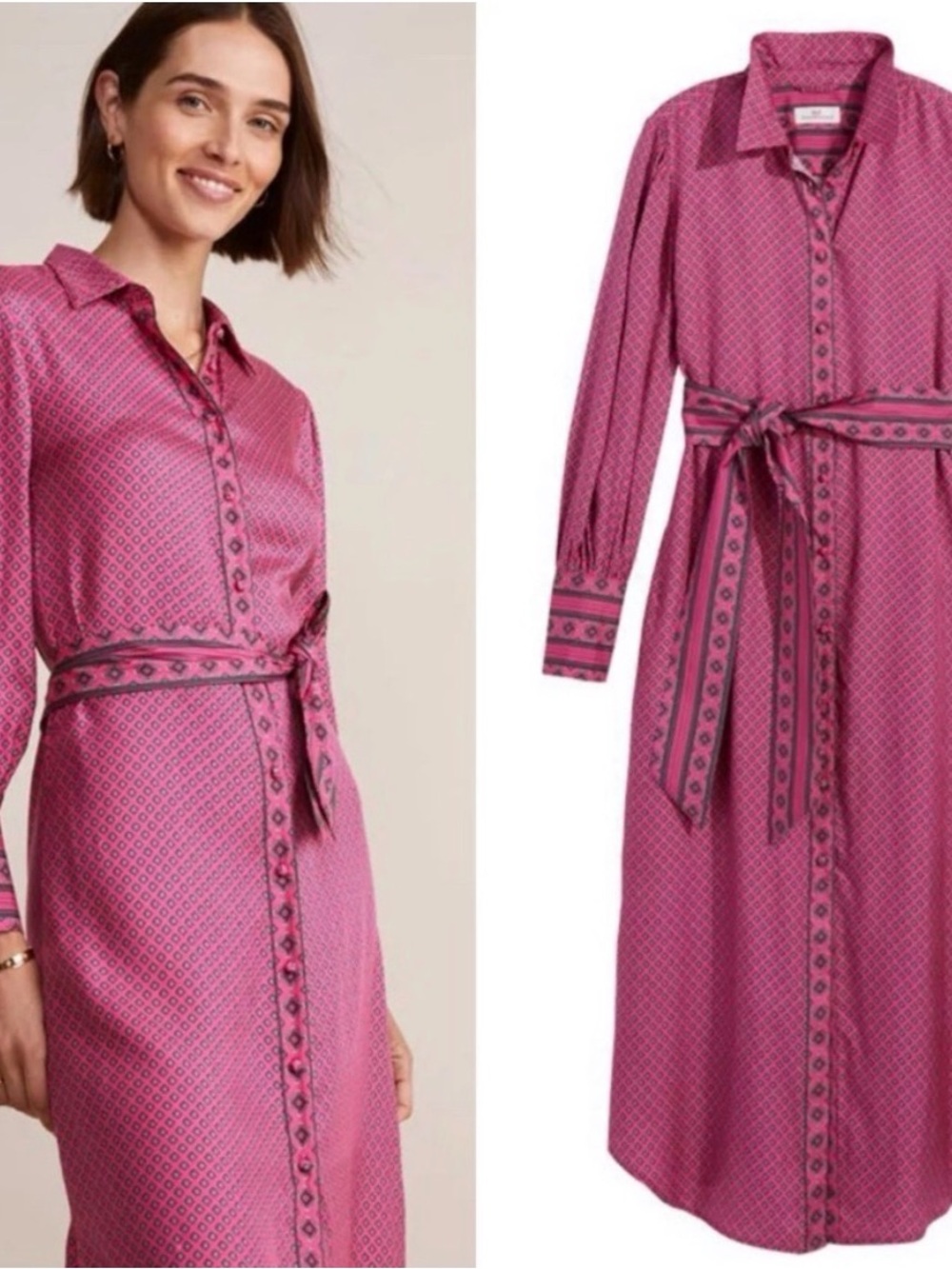 Vineyard Vines Pink Geometric Long-Sleeve Shirt Dress with Waist Tie